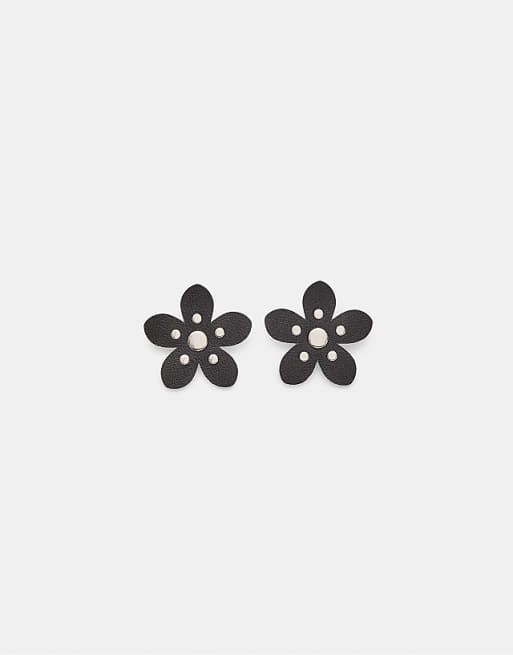 Stradivarius Leather effect flower earrings in black