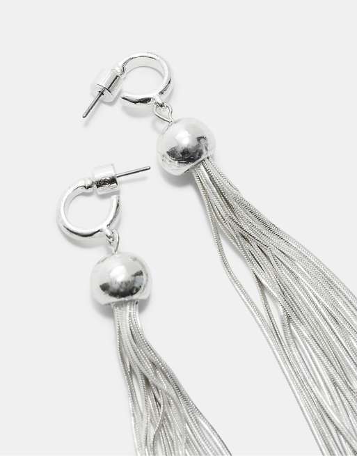 Stradivarius Long Hoop Earrings With Metal Tassel In Grey