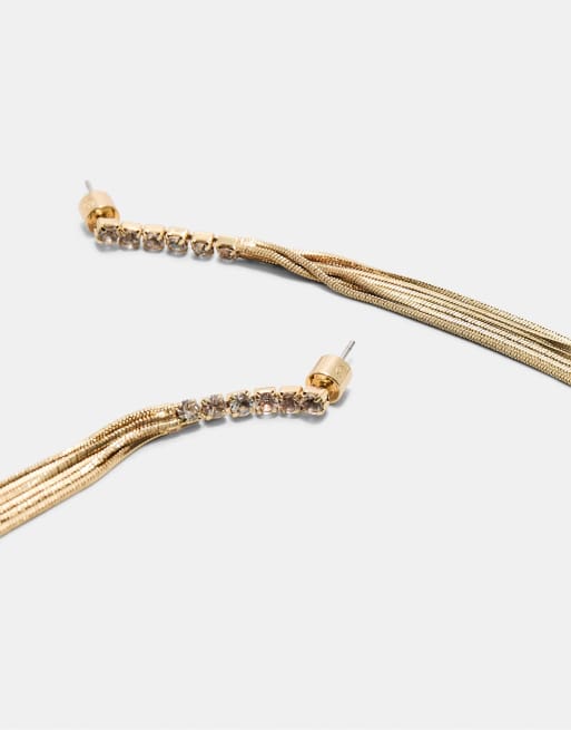 Stradivarius Rhinestone Maxi Dangle Earrings In Gold