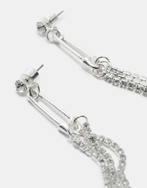Stradivarius Rhinestone Safety Pin Dangle Earrings In Grey