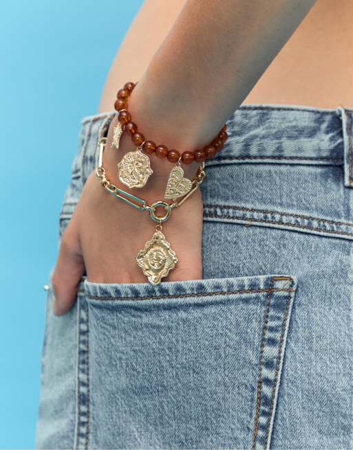 Stradivarius Set Of 2 Bracelets With Beads And Charms In Gold