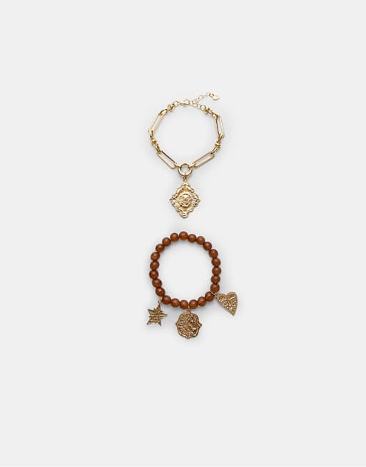 Stradivarius Set of 2 bracelets with beads and charms in gold