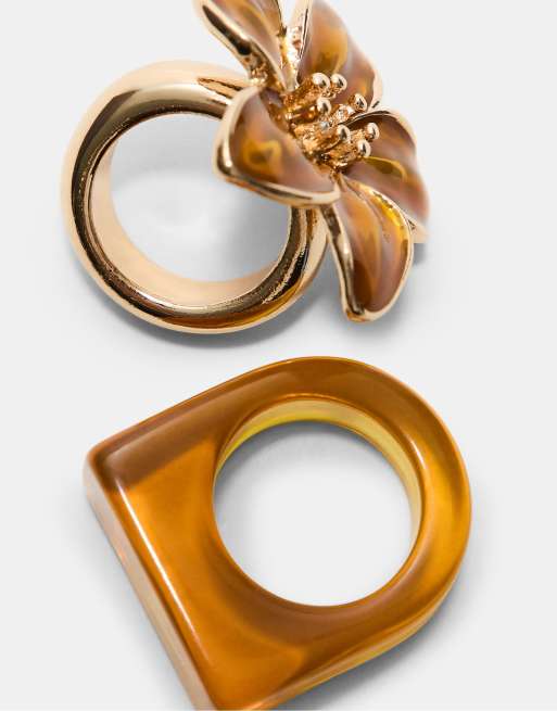 Stradivarius Set Of 2 Contrast Flower Rings In Mustard