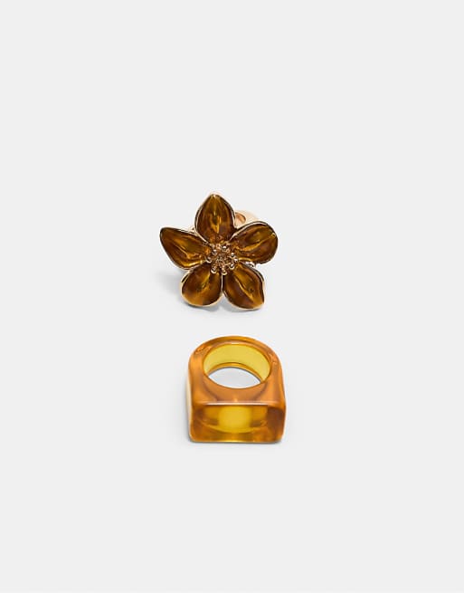 Stradivarius Set of 2 contrast flower rings in mustard