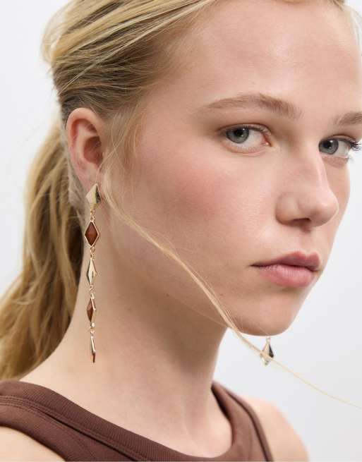 Stradivarius Set Of 2 Diamond Dangle Earrings In Mustard