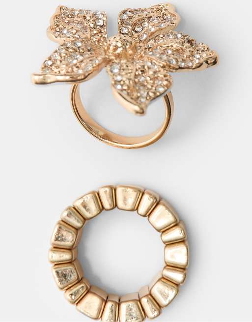 Stradivarius Set Of 2 Flower Rhinestone Rings In Gold