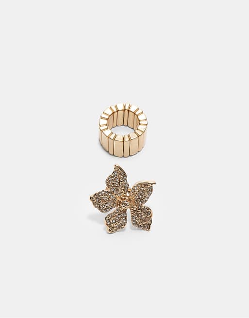 Stradivarius Set of 2 flower rhinestone rings in gold