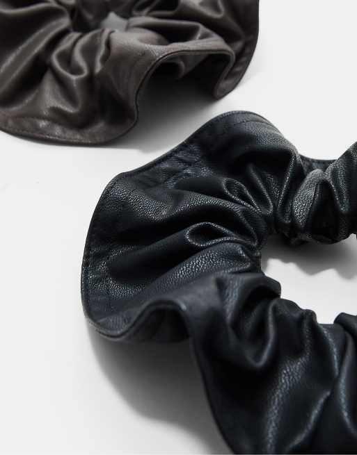 Stradivarius Set Of 2 Leather Effect Scrunchies In Black