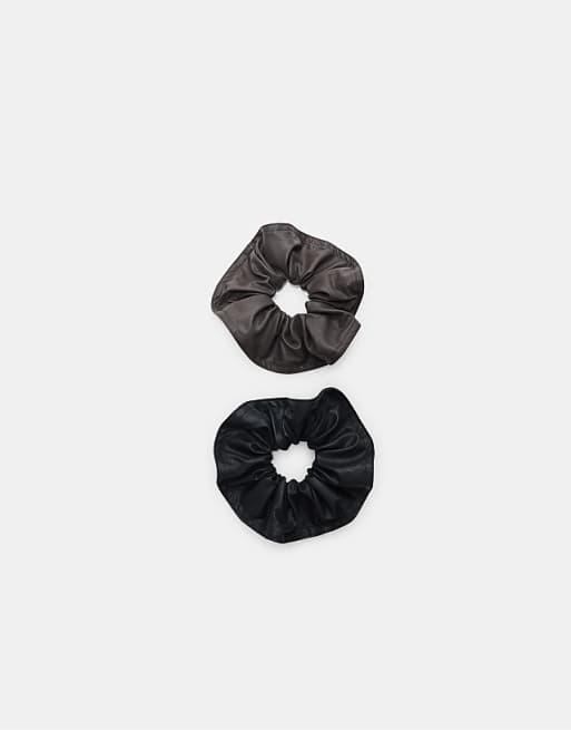 Stradivarius Set of 2 leather effect scrunchies in black