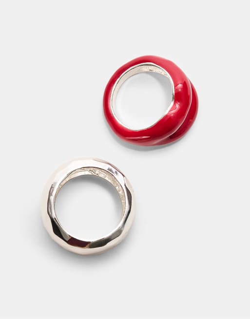Stradivarius Set Of 2 Lip And Disc Rings In Red