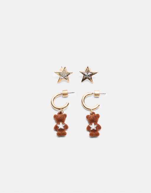 Stradivarius Set Of 2 Pairs Of Bear And Star Earrings In Brown
