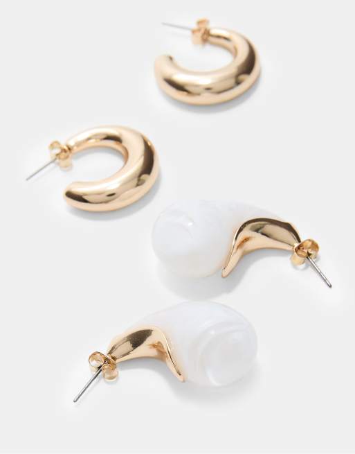Stradivarius Set Of 2 Teardrop And Hoop Earrings In Ecru