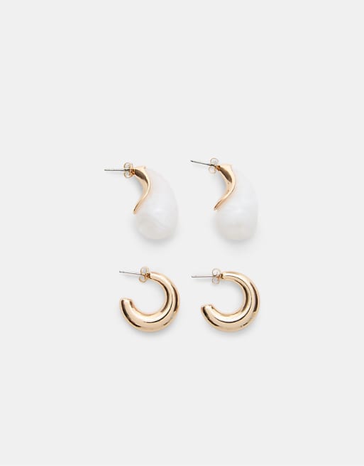 Stradivarius Set of 2 teardrop and hoop earrings in ecru