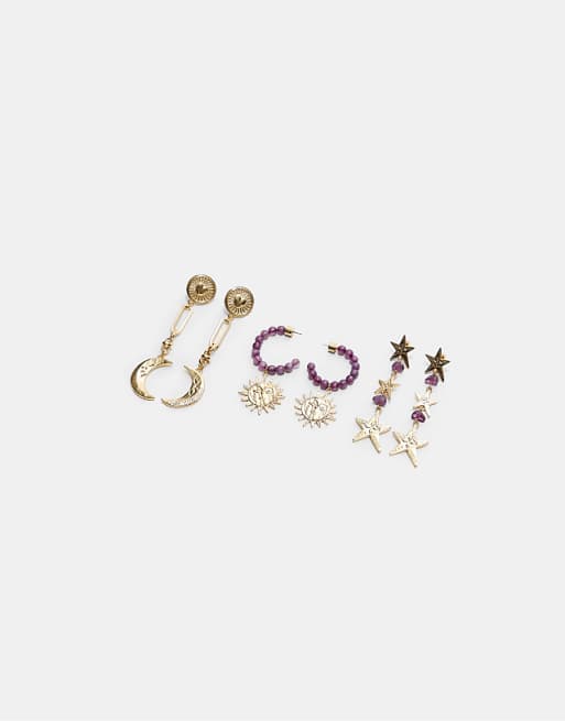 Stradivarius Set of 3 beaded moon earrings in gold