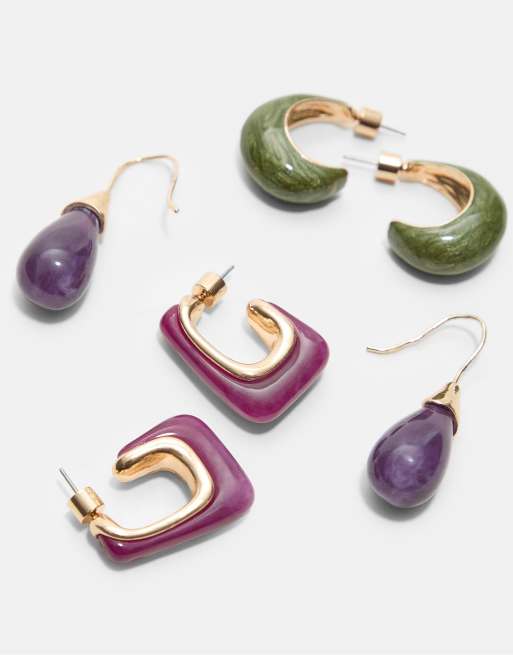 Stradivarius Set Of 3 Contrast Hoop And Droplet Earrings In Lilac