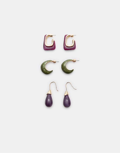 Stradivarius Set of 3 contrast hoop and droplet earrings in lilac