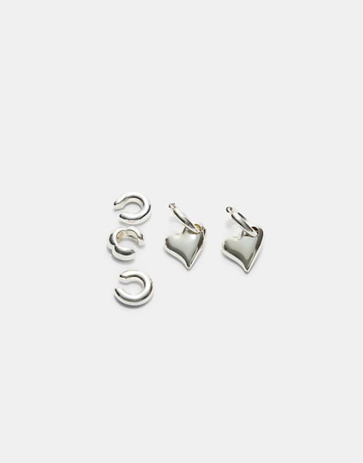 Stradivarius Set of 3 ear cuffs and heart earrings in grey