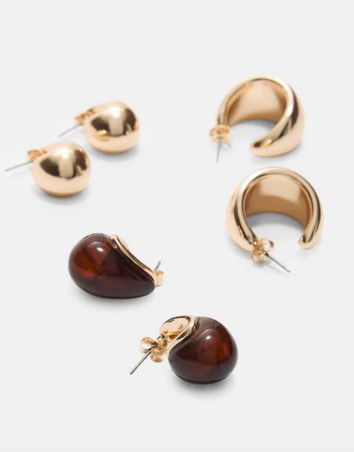 Stradivarius Set Of 3 Pairs Of Voluminous Mini Earrings In Brown