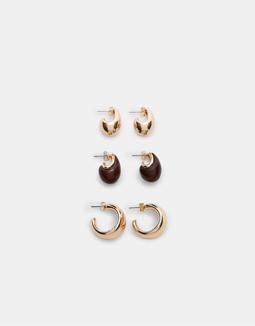Stradivarius Set of 3 pairs of voluminous mini earrings in brown