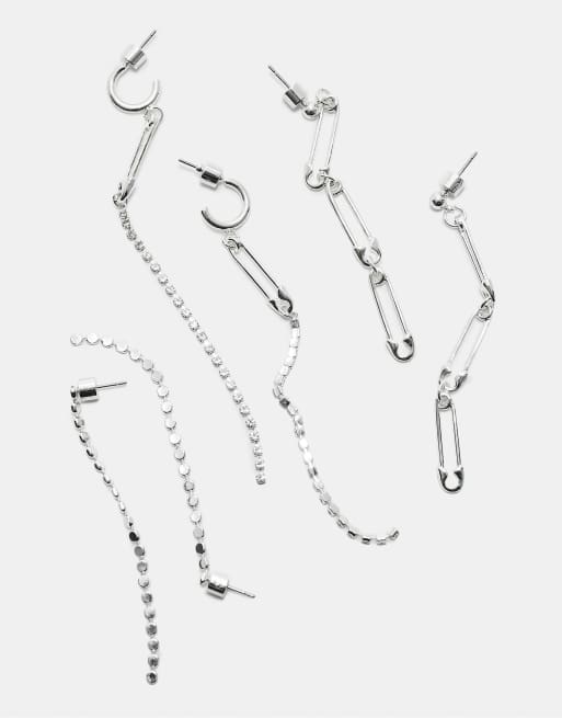 Stradivarius Set Of 3 Rhinestone Dangle Earrings In Grey
