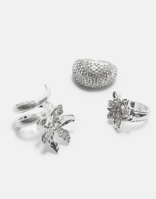 Stradivarius Set Of 3 Rhinestone Rings In Grey