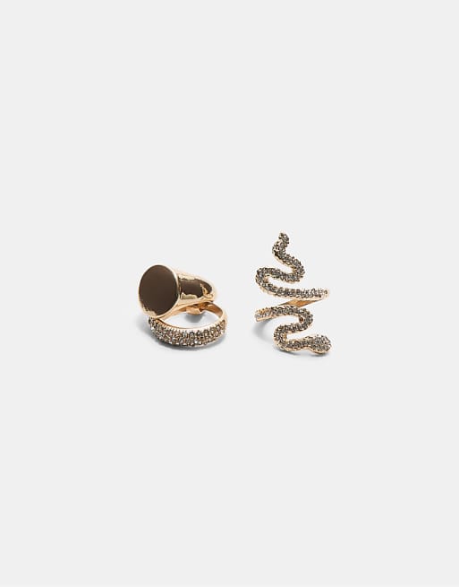 Stradivarius Set of 3 snake and rhinestone rings in gold
