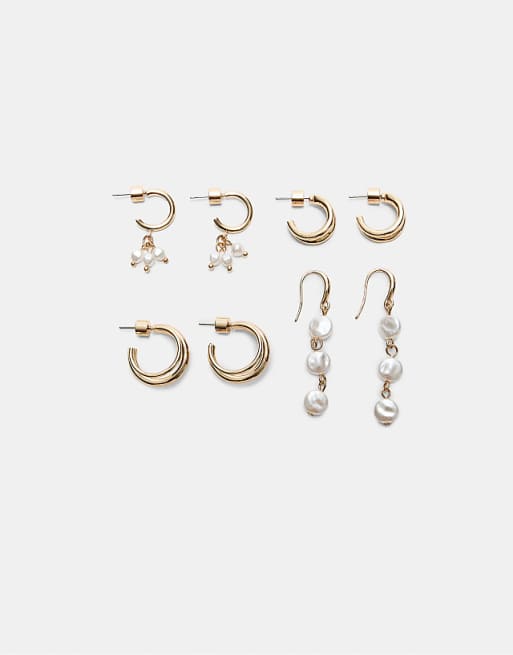 Stradivarius Set of 4 hoop and faux pearl earrings in gold