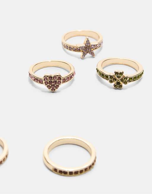 Stradivarius Set Of 5 Rhinestone Rings In Gold