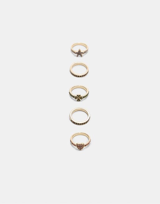 Stradivarius Set of 5 rhinestone rings in gold
