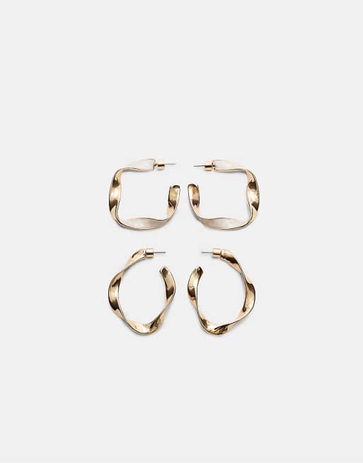 Stradivarius Set of 9 enamelled irregular hoop earrings in gold