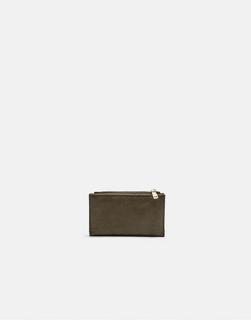 Stradivarius Shimmery card holder purse with zip in khaki