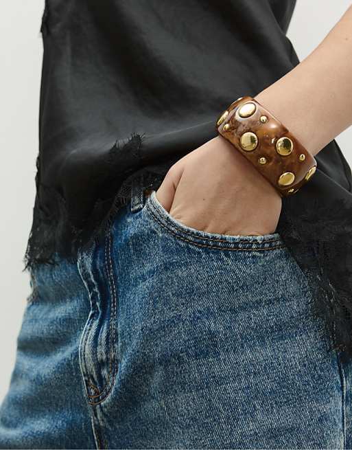 Stradivarius Studded rigid bracelet in gold