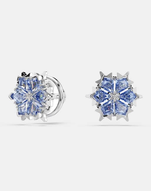 Swarovski Magic Stud Earrings Snowflake Blue Rhodium Plated In Blue