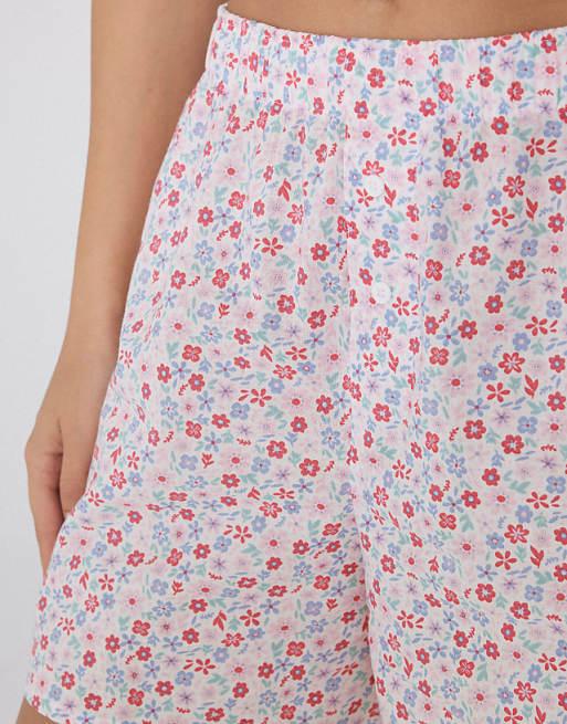 Tezenis Cotton Canvas Shorts In Pale Pink And White Flowers
