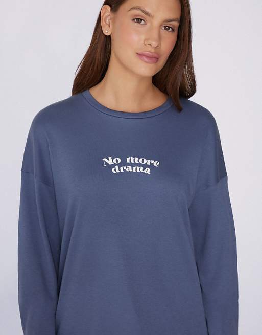 Tezenis Long-sleeved Oversized Cotton Top In Galactic Blue No More Drama