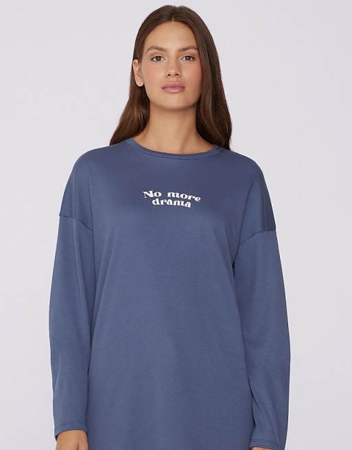Tezenis Long-sleeved Oversized Cotton Top In Galactic Blue No More Drama