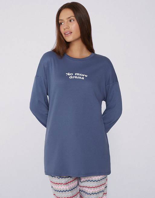 Tezenis Long-sleeved oversized cotton top in galactic blue no more drama