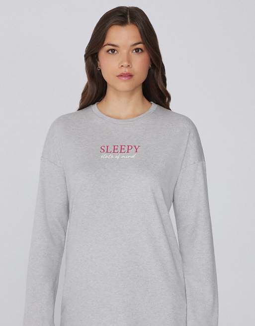 Tezenis Long-sleeved Oversized Cotton Top In Mottled Light Grey