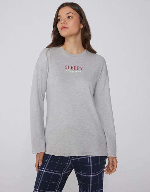 Tezenis Long-sleeved oversized cotton top in mottled light grey