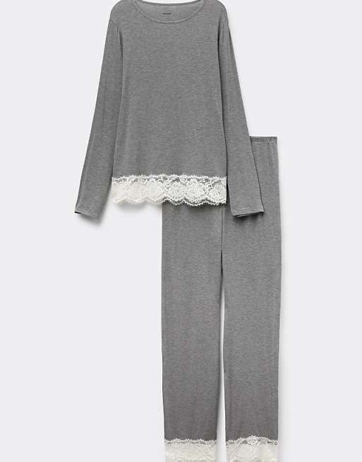Tezenis Long Viscose Pyjamas With Lace In Medium Grey Melange Latte