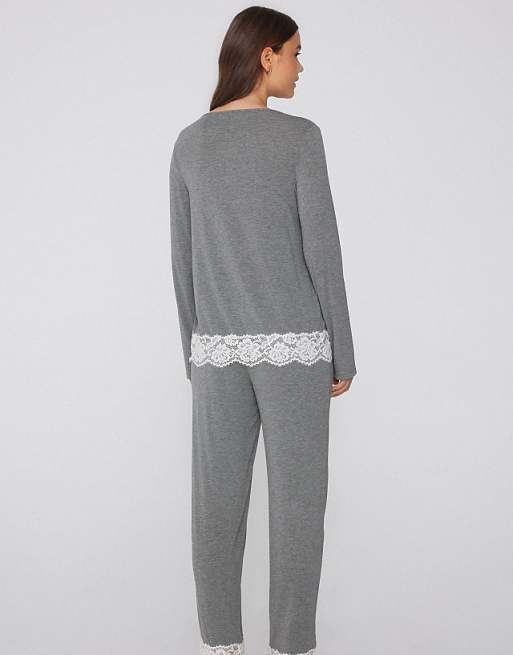 Tezenis Long Viscose Pyjamas With Lace In Medium Grey Melange Latte
