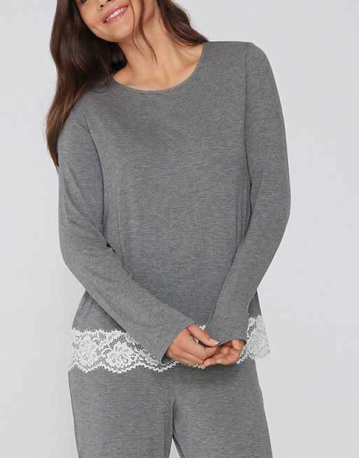 Tezenis Long Viscose Pyjamas With Lace In Medium Grey Melange Latte