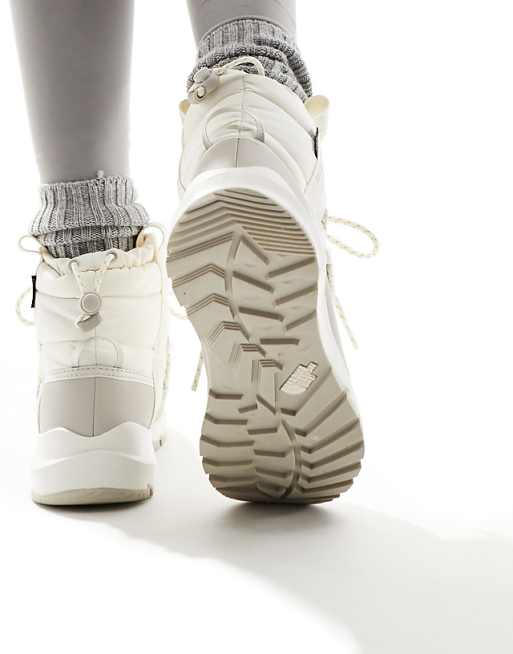 The North Face Thermoball Insulated Lace Up Boots In Cream And Grey