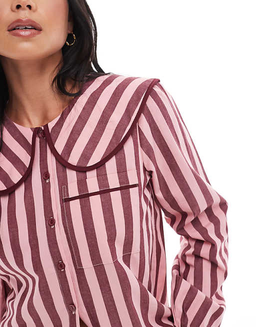 Threadbare Button Down Pyjamas With Collar In Burgundy And Pink Stripe