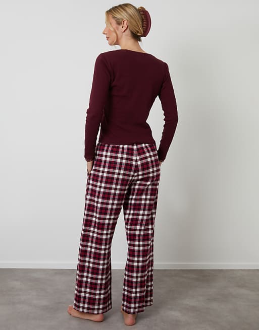 Threadbare Cotton Long Sleeve Pyjama Set In Burgundy