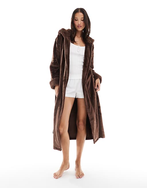 Threadbare long fluffy dressing gown in chocolate brown