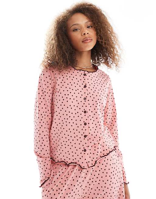 Threadbare Long Sleeve Button Down Heart Pyjamas In Pink
