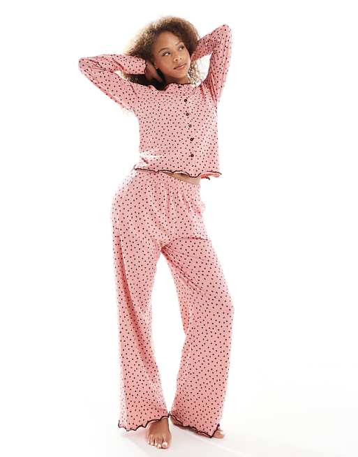 Threadbare long sleeve button down heart pyjamas in pink