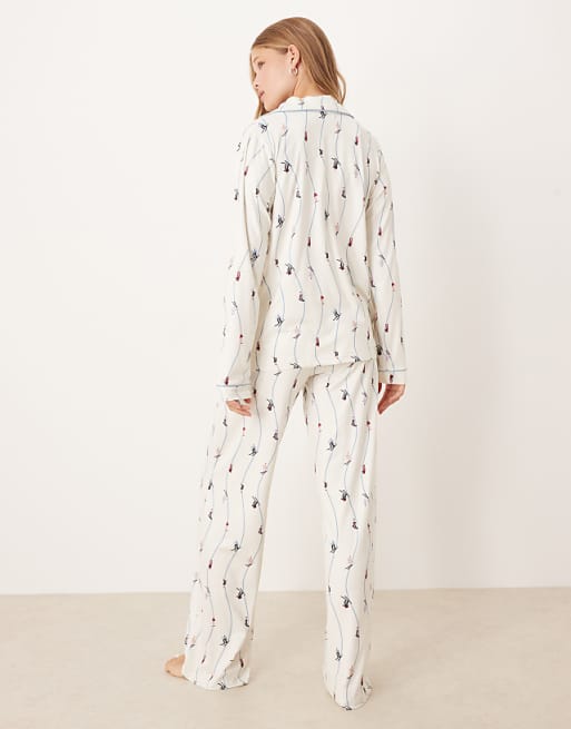 Threadbare Long Sleeve Button Down Ski Print Pyjamas In White And Blue