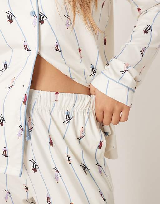 Threadbare Long Sleeve Button Down Ski Print Pyjamas In White And Blue